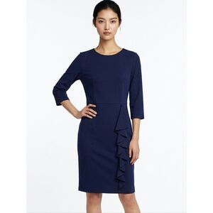 Oxiuli Fashion Navy Blue Cascading Ruffle 3/4 Sleeve Sheath Dress Size L